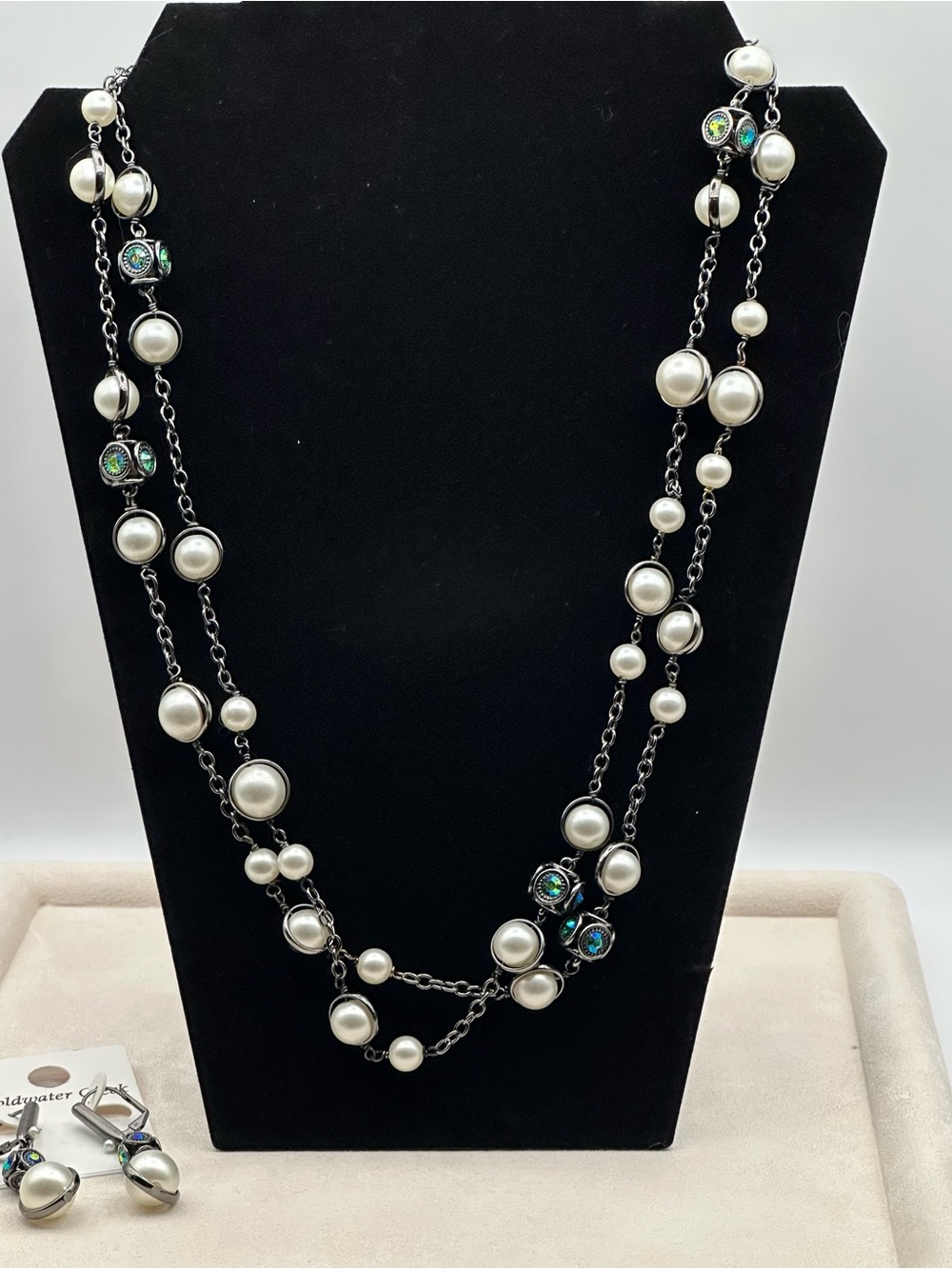 Coldwater Creek Faux Pearl Iridescent Crystal Long Necklave Drop Earrings Set